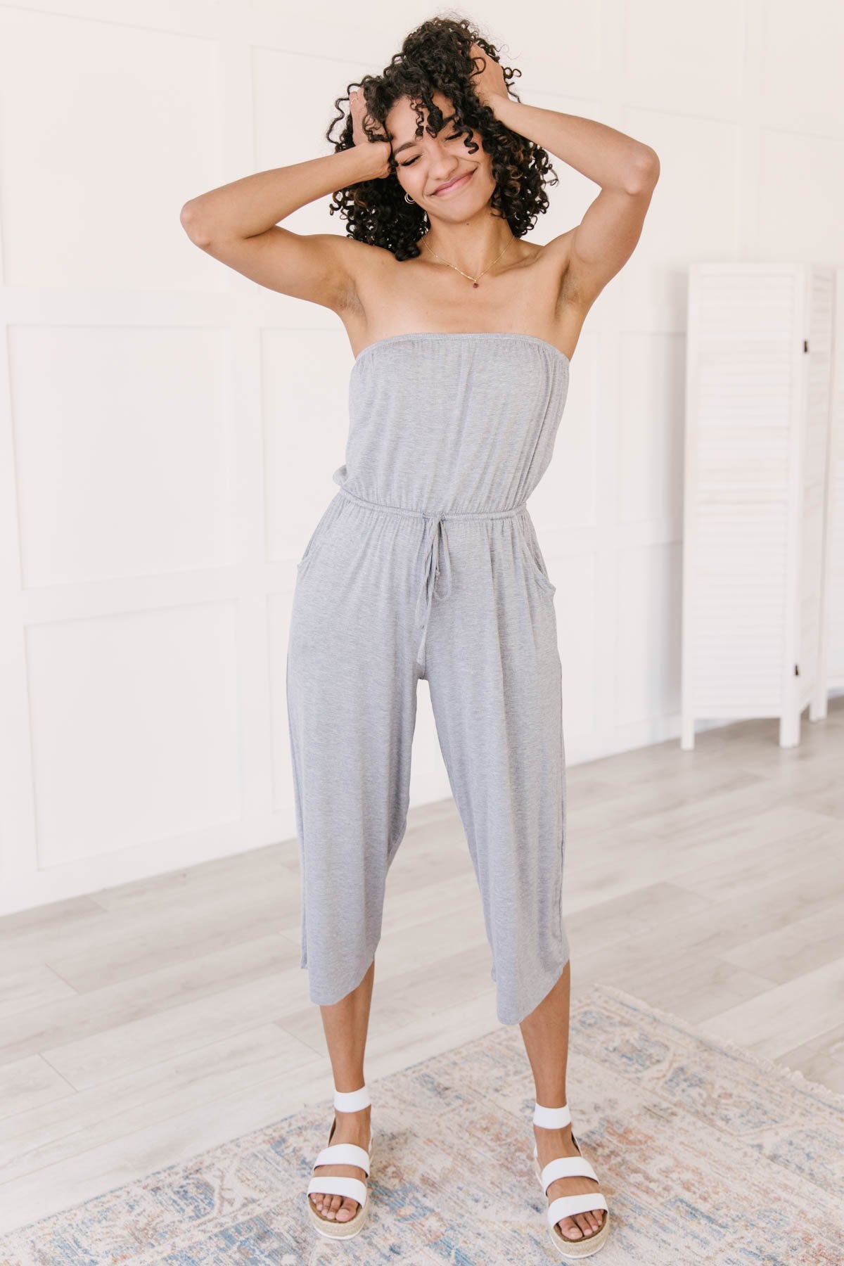 grey tube top jumpsuit