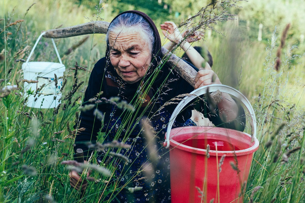 Woman carrying heavy water buckets across her shoulders.