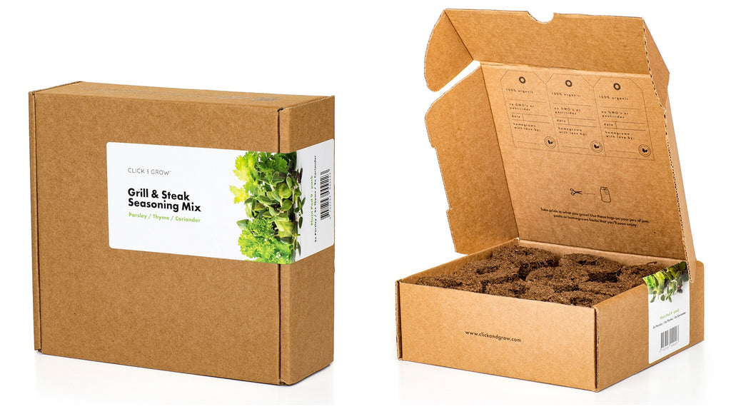 Click & Grow sustainable cardboard packaging for plant mixes.