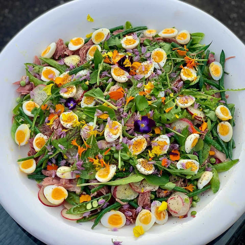 Ham Hock & Pea Salad with Quail's Eggs & Edible Flowers