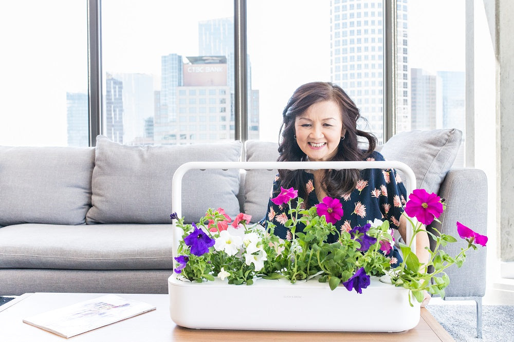 Woman sitting on a sofa, admiring petunias grown in the Click & Grow Smart Garden 9.