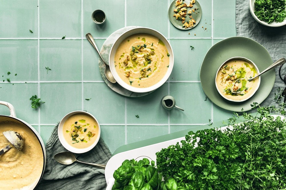 White Bean and Parsnip Soup with Herby Croutons and Parsley Oil.