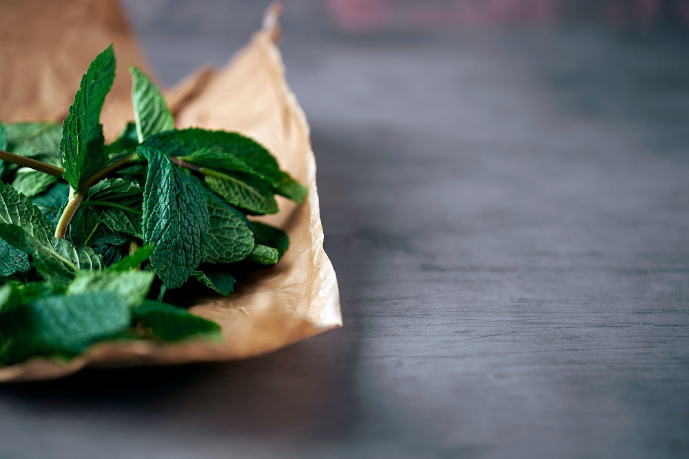 Mint in a brown paper bag on a table