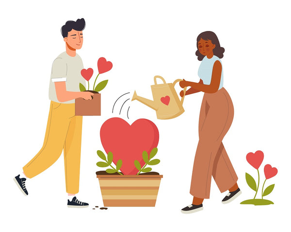 Graphic of a diverse couple watering a garden