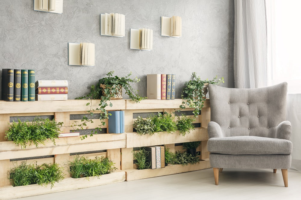 Pallet planters in a stylish, cozy living room