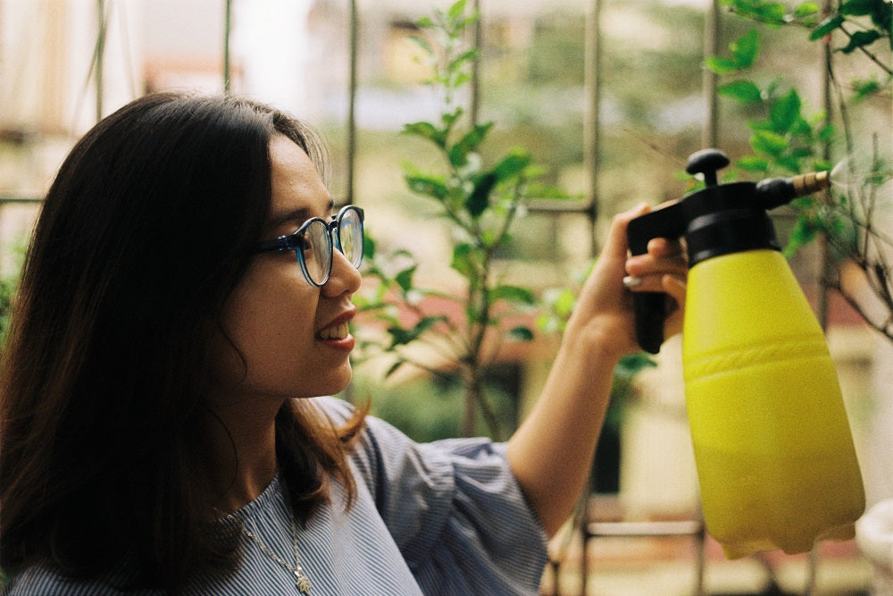 Happy woman spraying water on wall plants.