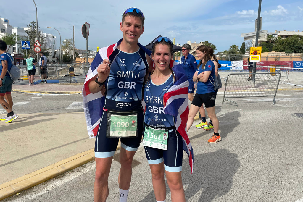 Duathletes Beau Smith and Christie Byrne after racing in the world duathlon champs in Ibiza 2023.