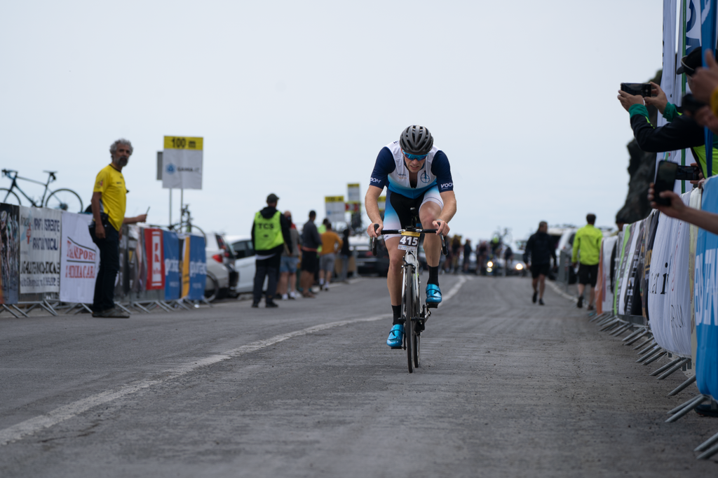Beau Smith, a male cyclist for VOOM Nutrition approaches the finish line of the Transfagarasan Challenge cycling event