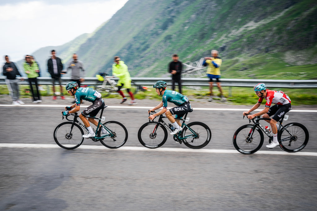 Bora Hansgrohe riders lead the Sibiu CYcling tour up the final stages of Transfagarasan Road.