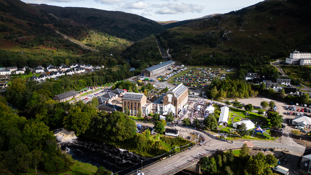 An aerial image of the village of Kinlochleven while the Skyline Scotland event area is set up