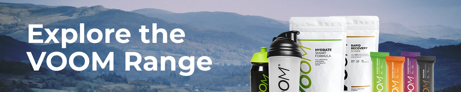 VOOM's range of sports nutrition products superimposed on a range of hills with the words Explore the VOOM range.