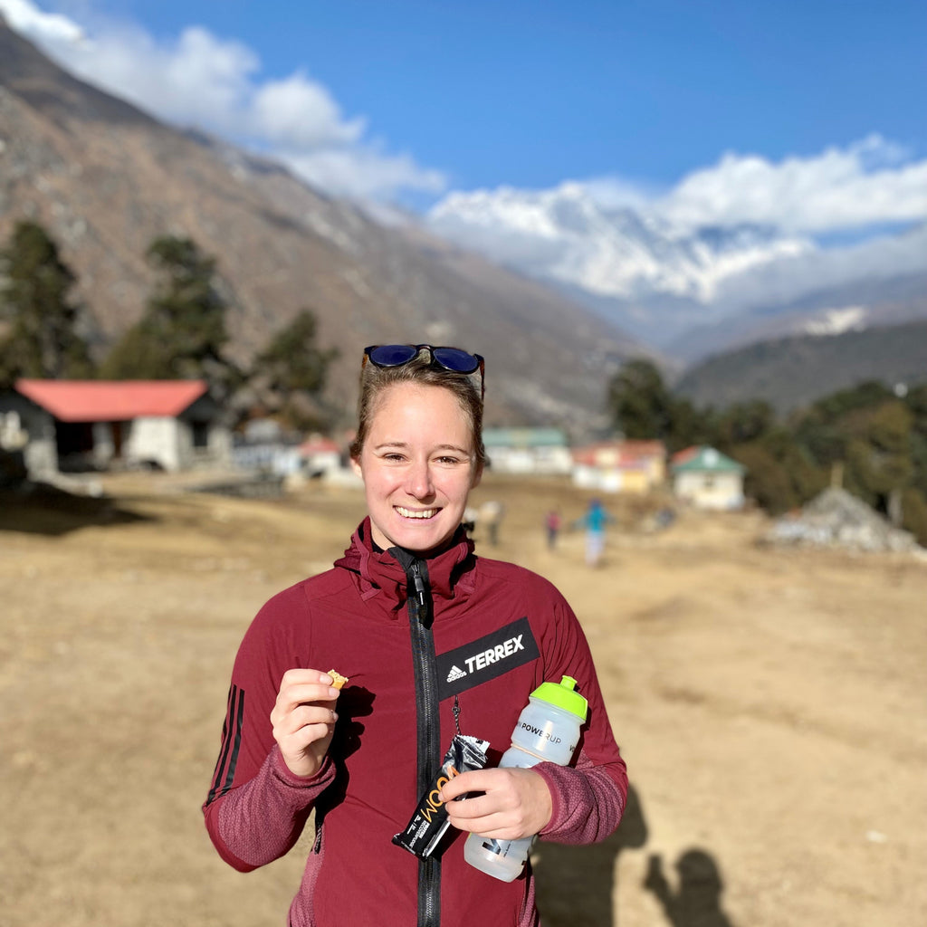 Becky Neal at the altitude OCR world champs with a VOOM RecoverFudge protein bar