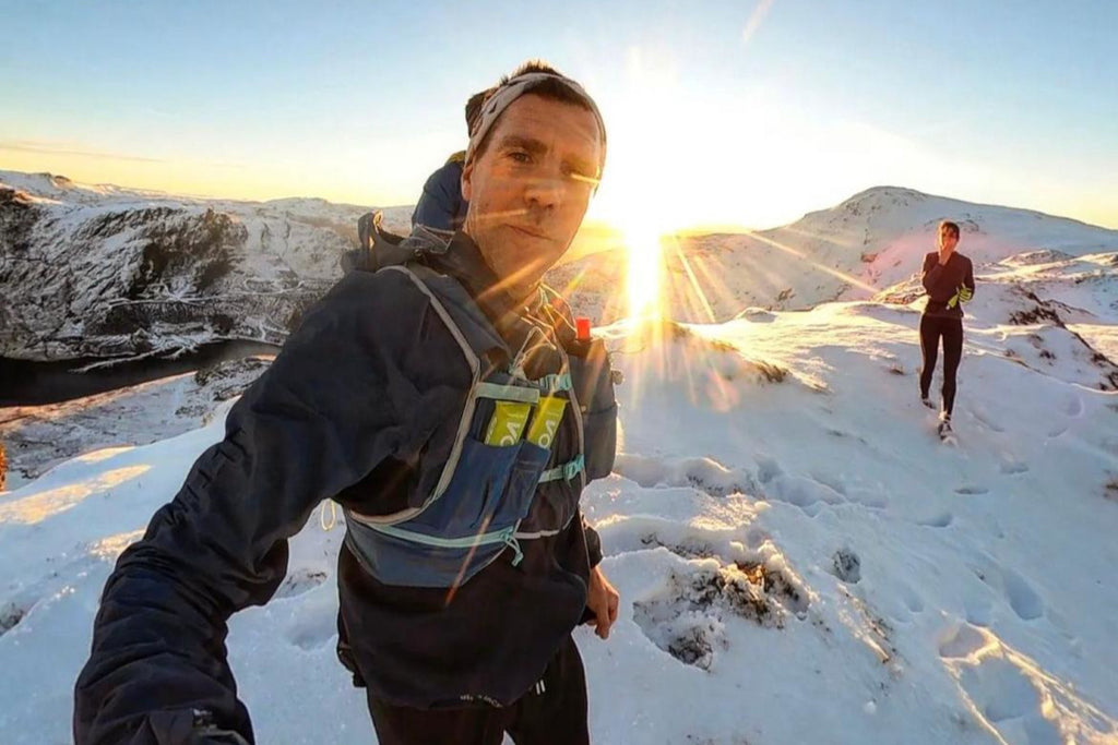 Elite mountain runner Russell Bentley takes a selfie of him and a training partner during a winter fell run