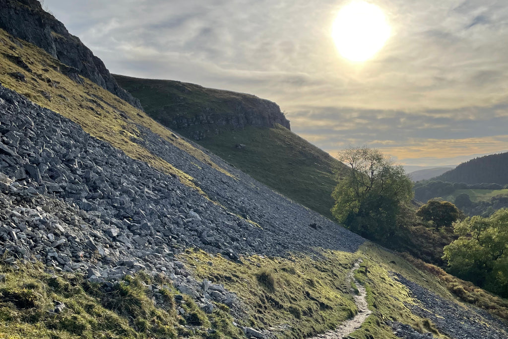 A narrow trod path along steep fellside near World's End, North Wales