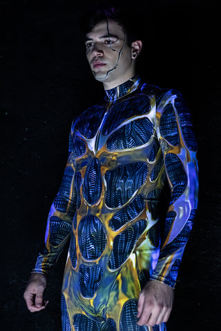 Cool guy wearing a gold cyborg sci-fi full body costume