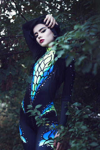 Black Haired Women Posing with Fairy Costume in Forest