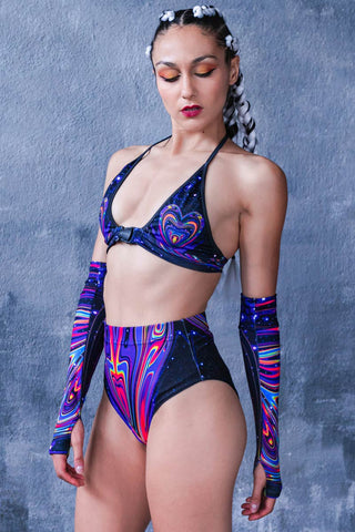 two piece rave outfit for music festivals in purple cosmic print for women