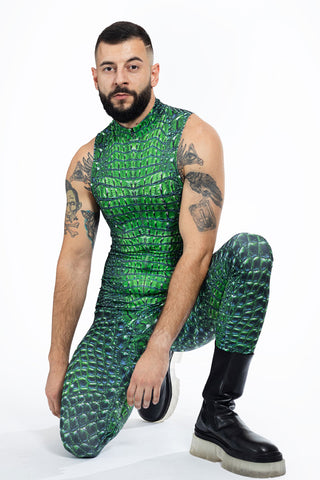 Cool guy wearing a sleeveless green crocodile costume