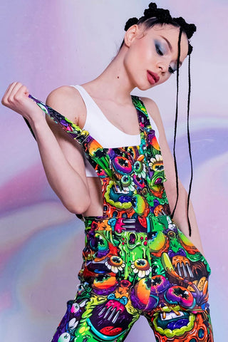 graphic overalls with printed bizarre aliens