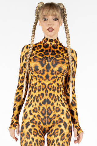 sexy woman wearing an orange and black leopard full body costume