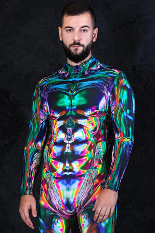 Men wearing a multichrome skin sci-fi costume