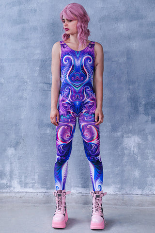 purple catsuit for festivals in cool print
