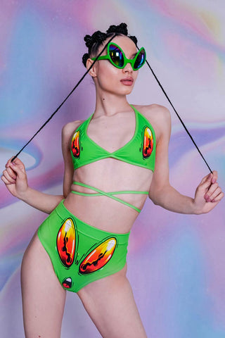 neon green alien matching two-piece set for rave