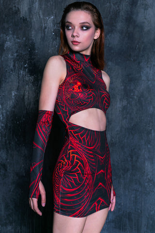 Cut out mini dress with red dragon print for rave and music festivals