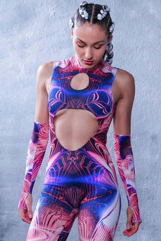 pink cutout catsuit rave outfit for women 