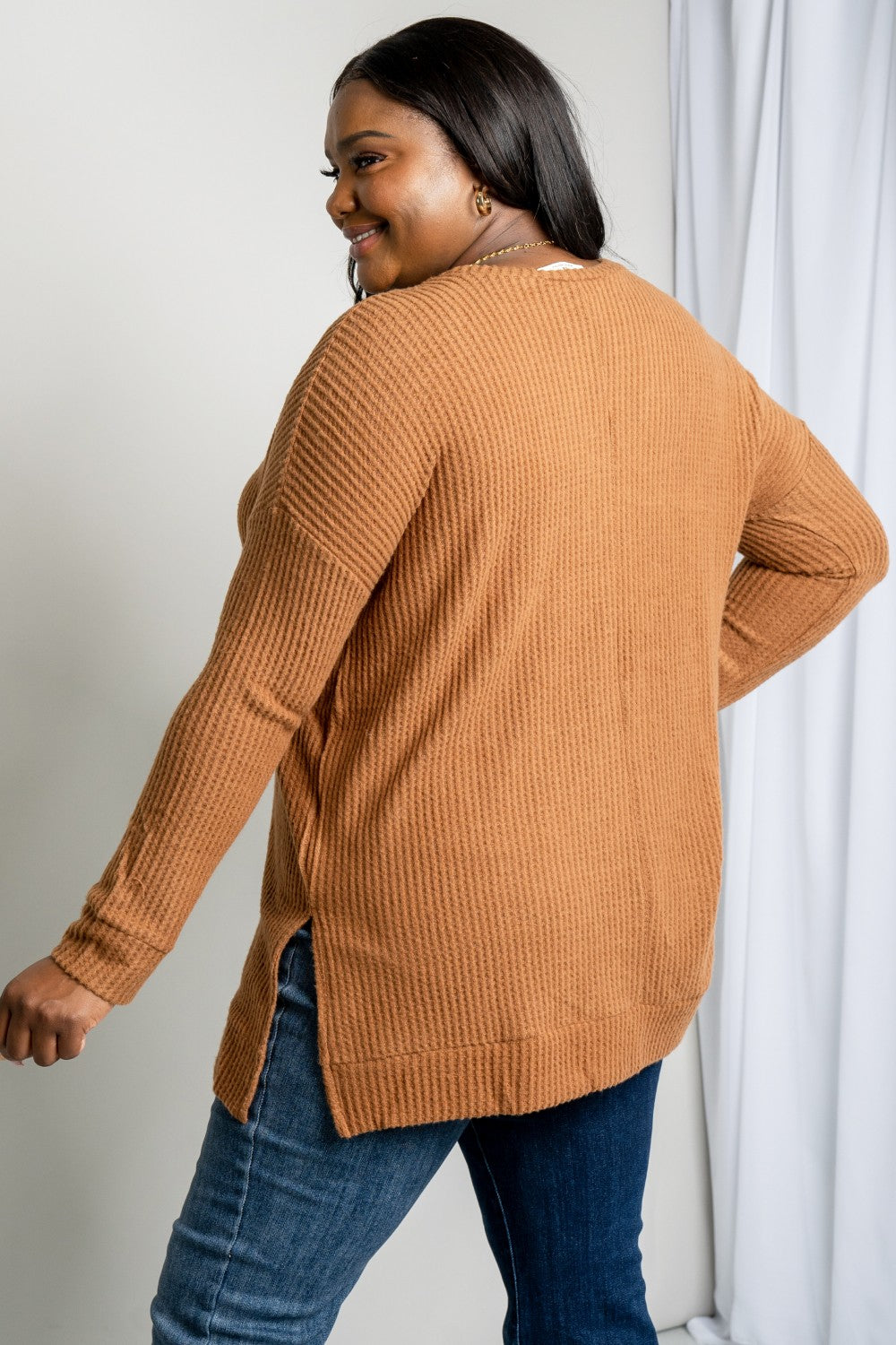 Zenana Full Size Round Neck Waffle-Knit Slit Tunic Sweater | Sweaters - CHANELIA