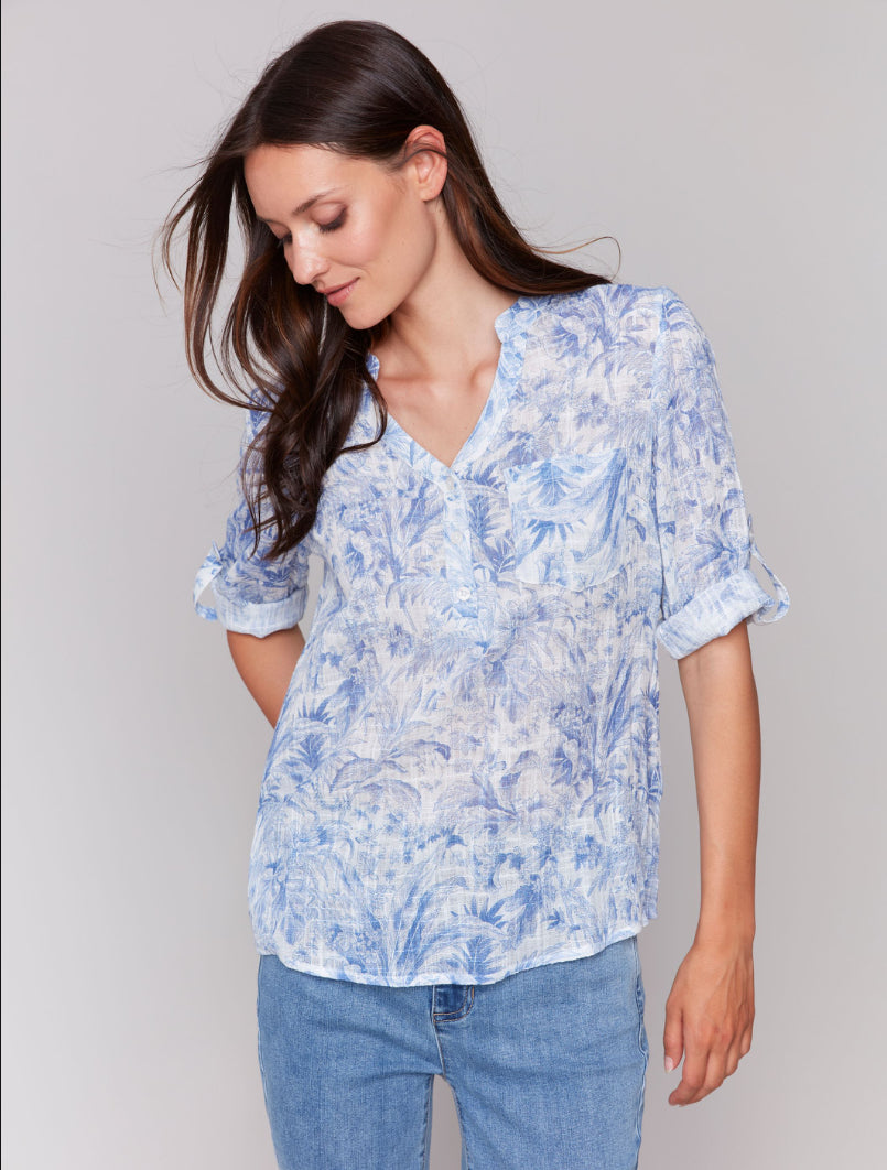 Charlie B Gauze Half Button Down Blouse