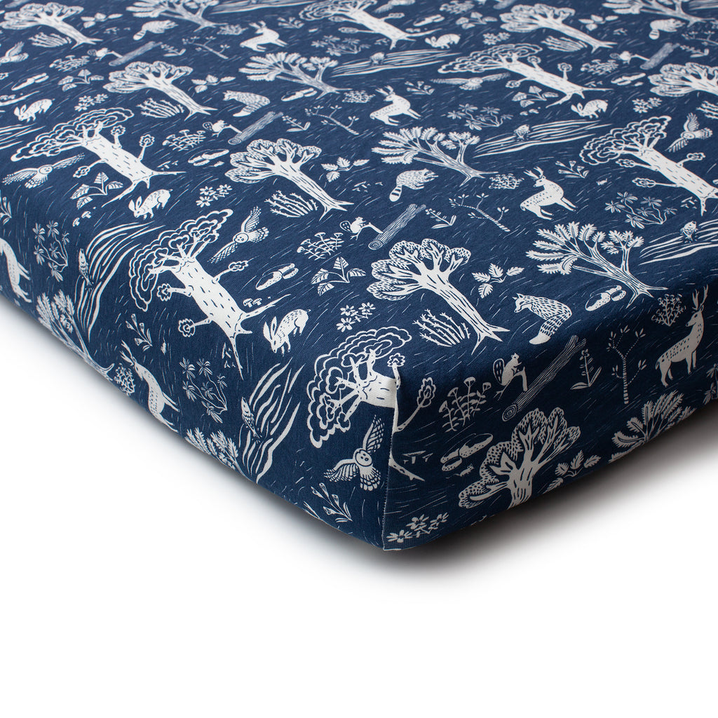 Fitted Crib Sheet In The Forest Navy Winter Water Factory