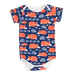 Short-Sleeve Snapsuit - Foxes & Hedgehogs Navy & Orange