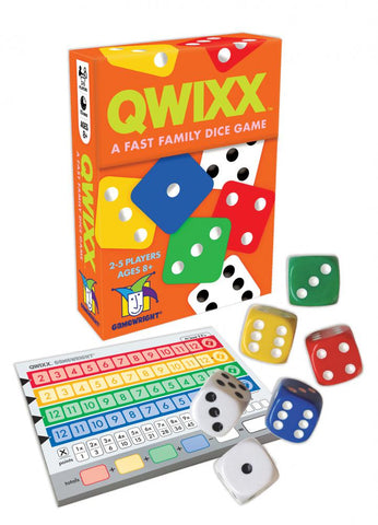 Manufacturer's stock photo of the Qwixx dice game, showing a colorful rainbow score pad, six dice, and an orange box