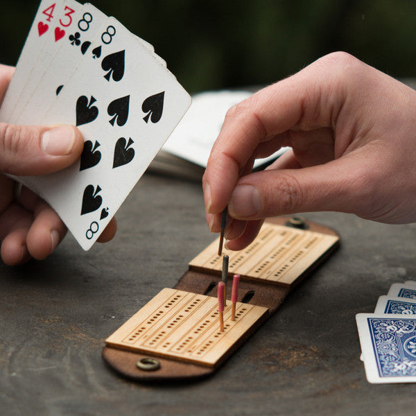 Travel cribbage in leather. Perfect for Portland getaways
