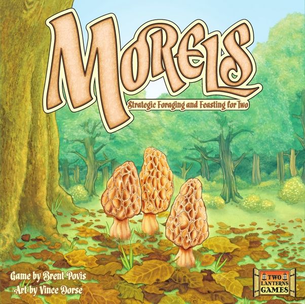 Cover art from the box of the game Morels, which is subtitled, "strategic foraging and feasting for two"