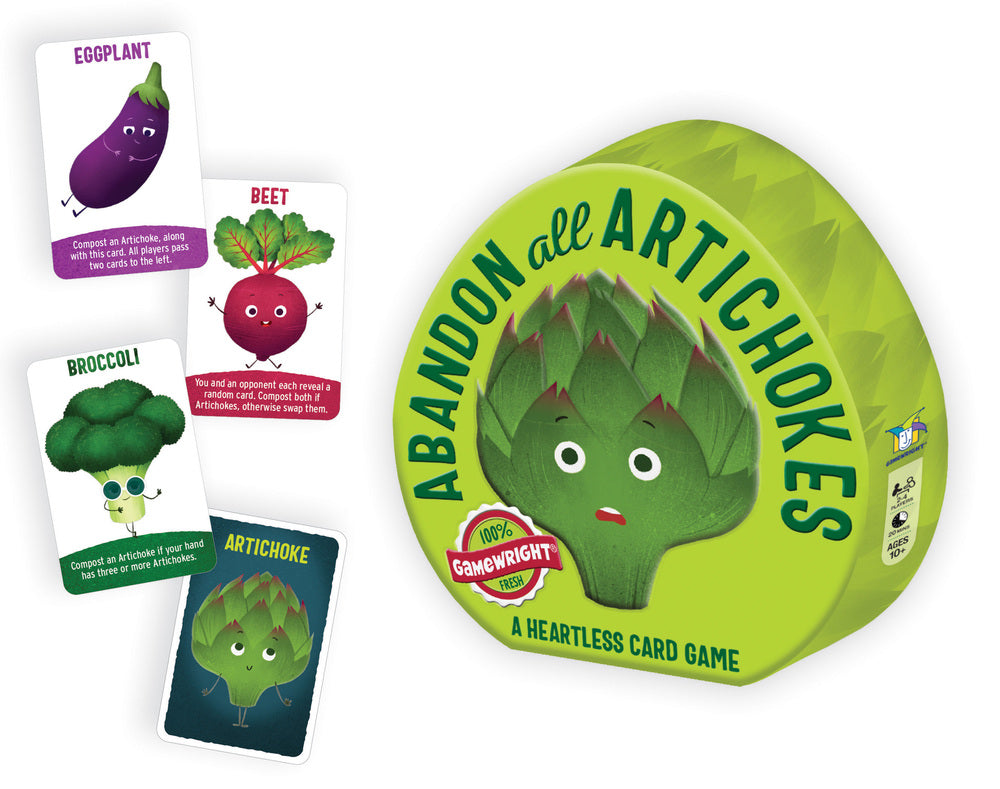 Manufacturer's stock photo of the game Abandon All Artichokes by Gamewright showing colorful playing cards with different drawings of veggies and a tin box