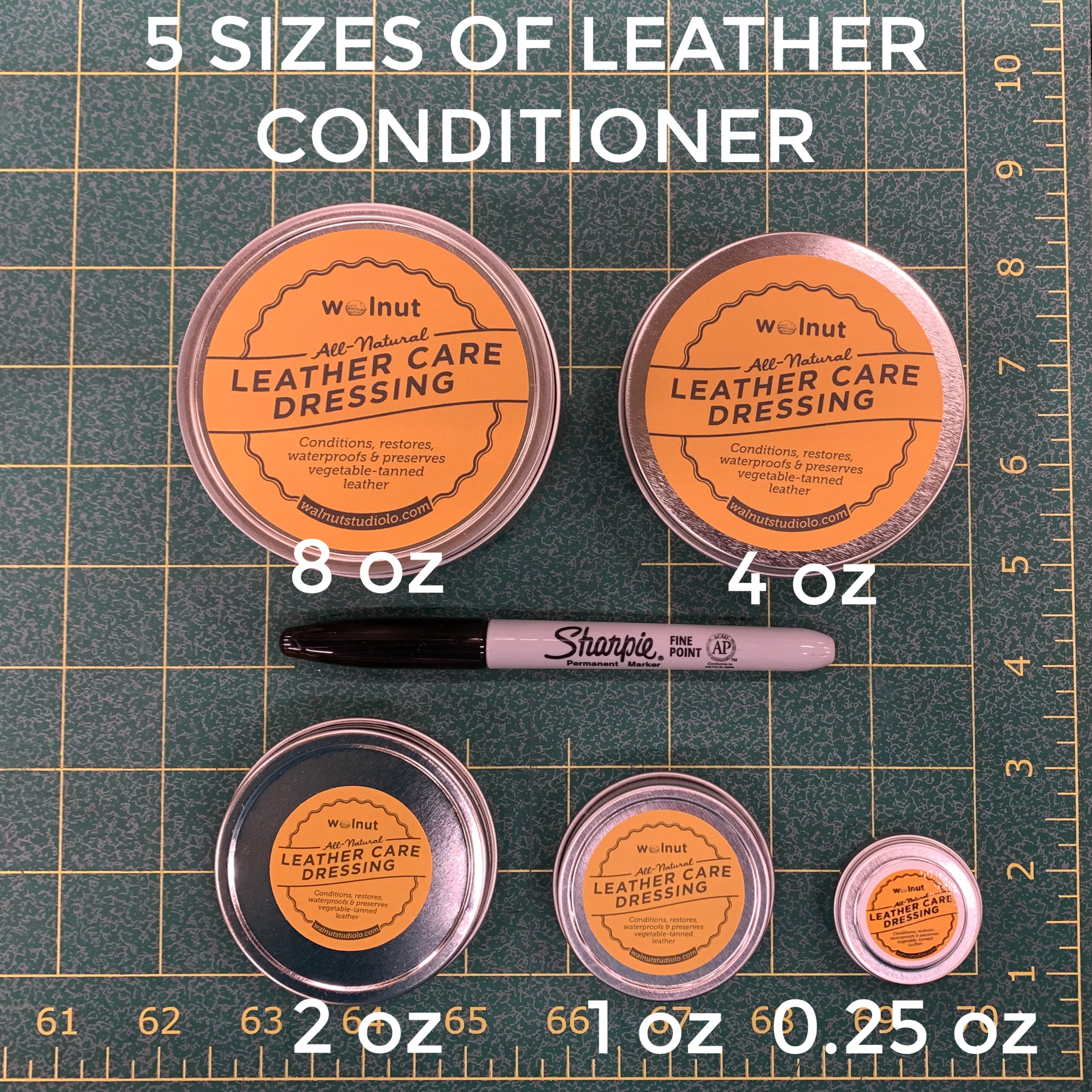 5 different sizes of small batch, house made Leather Conditioner