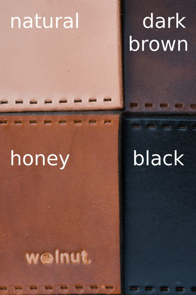 Four leather colors labeled: natural honey dark brown black