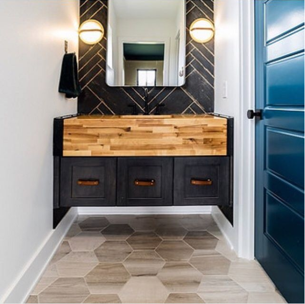 Bathroom Sink Cabinet Black Cabinetry with Dark Brown Leather Tilikum Handles