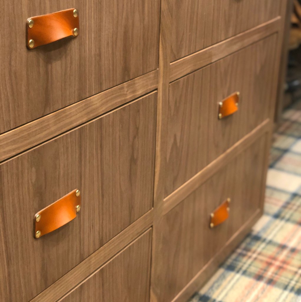 Walnut Wood Cabinetry with Honey Morrison Leather Handles