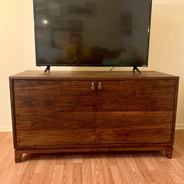 Dark Wood TV Cabinet with Dark Brown Hawthorne Small Leather Handles