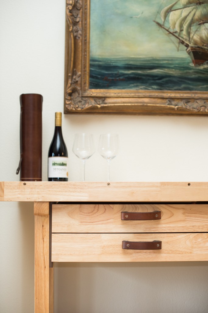 Woodworking Table with Dark Brown Tilikum Leather Handles