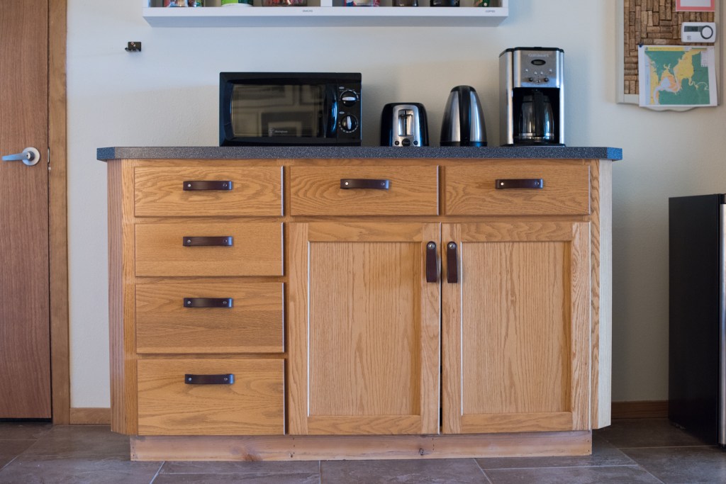 90s Contractor Special Oak Wood Cabinet with Dark Brown Leather Handles