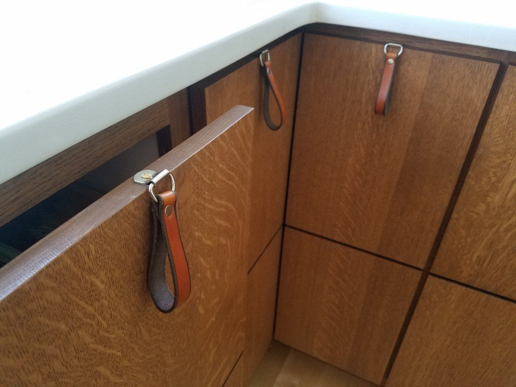 Medium Wood Cabinetry with Honey Burnside Large Leather Handles