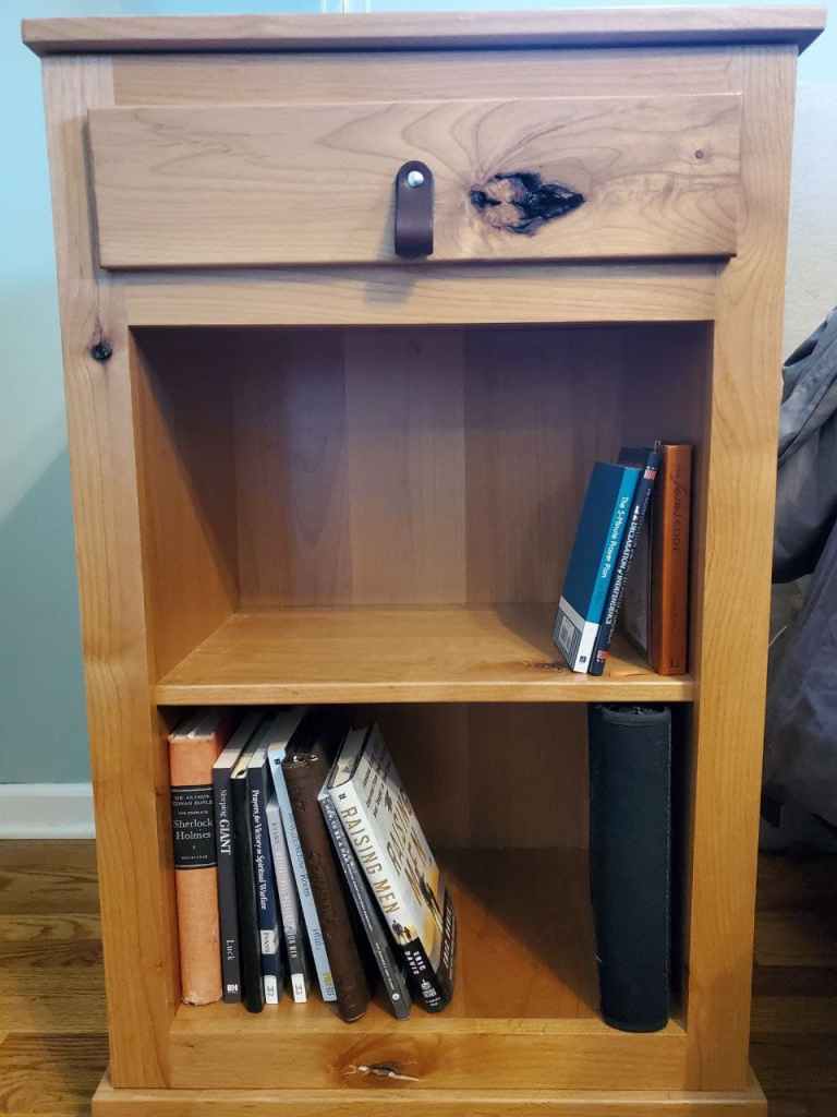 Knotty Wood Bookshelf with Dark Brown Hawthorne Small Leather Handle