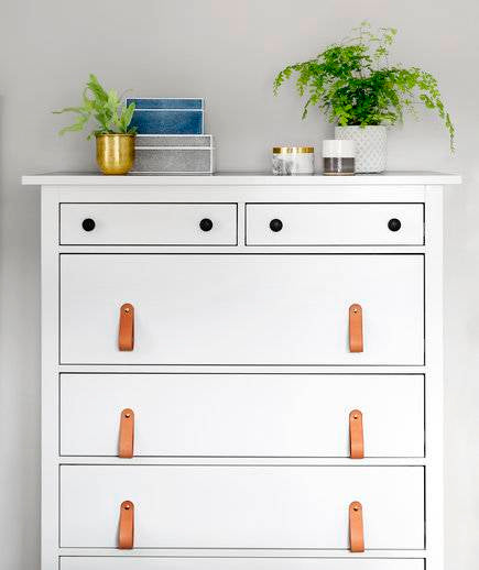 White IKEA Hack Dresser with Black Knobs and Natural Leather Hawthorne Wide Handles RealSimple Magazine