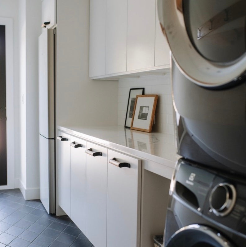 Sellwood Black Handles on White Laundry Room @amandamarieinterior