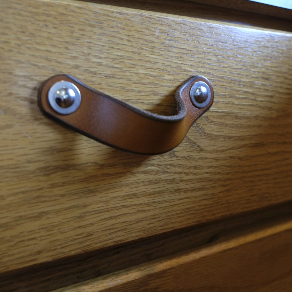 Honey Leather Handle Installed Flat with Narrow Center-to-Center Spacing, Curved Downwards