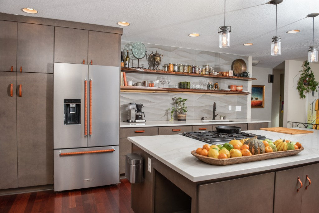 Gray and Olive Kitchen Cabinetry with Honey Leather Handles and Wraps